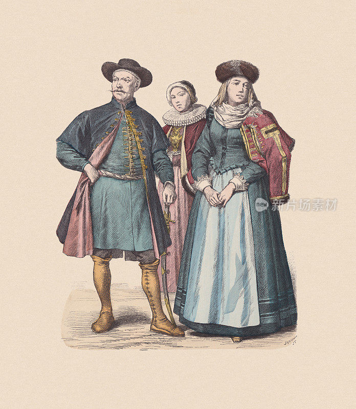 16/17世纪，波兰服装，手工着色木刻，大约于1880年出版